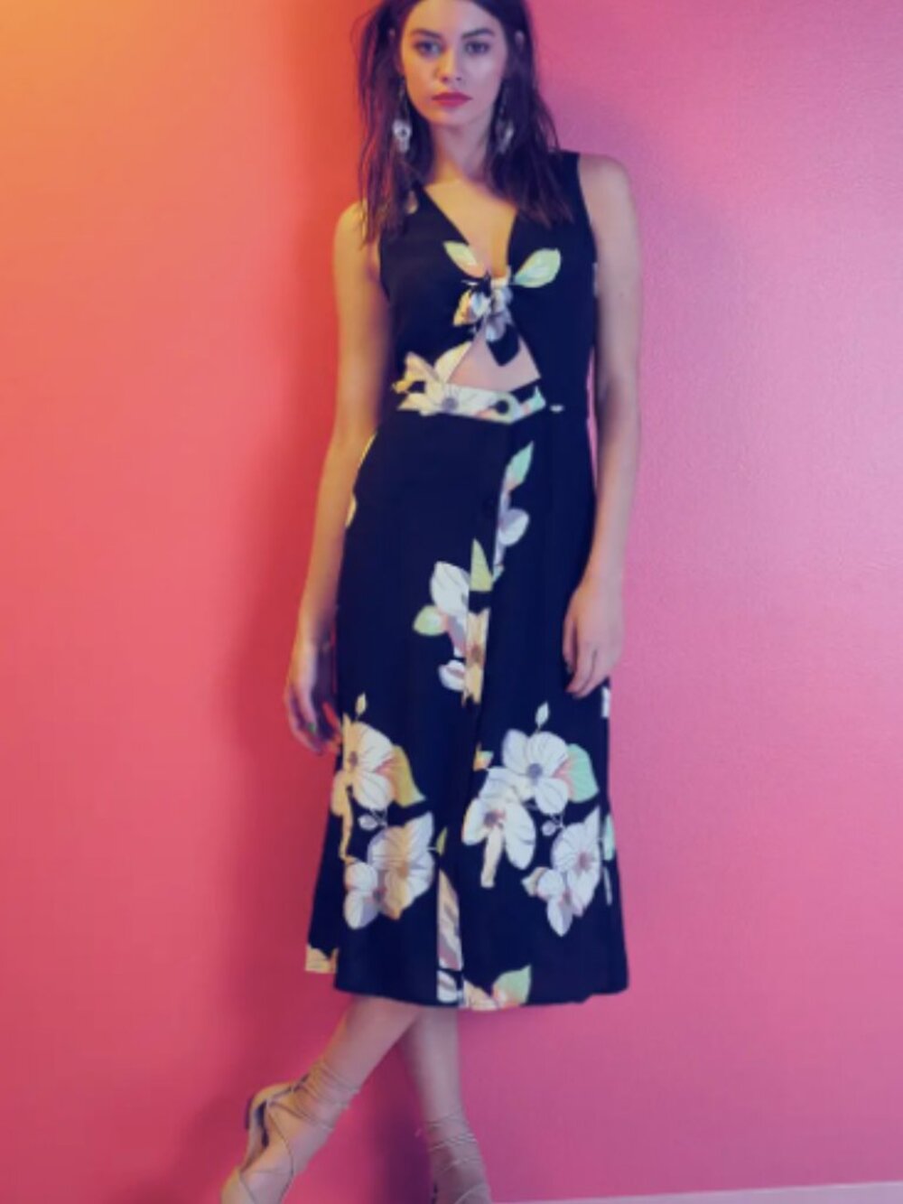 Leith Nordstrom Floral Tie Front Midi Dress - Black - Size M